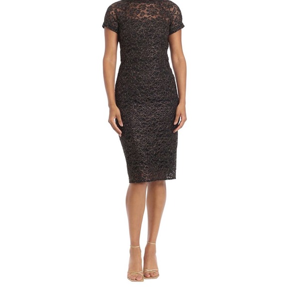Maggy London Dresses & Skirts - Maggie London Clarissa Illusion Black Gold Lace Zippered Back Sheath Dress